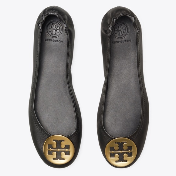 TORY BURCH AUTHENTIC BLACK LEATHER REVA BALLERINA FLATS - Picture 1 of 14